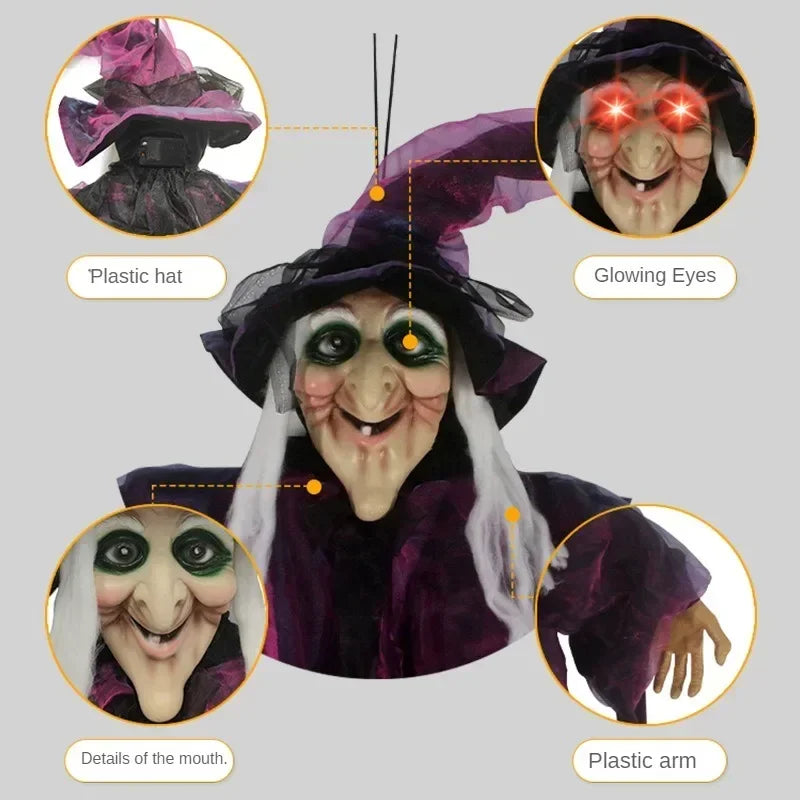 Animierte Halloween Hexe Deko | Leuchtende Augen, Gruselige Sounds & Windbewegung | Hängedeko für Garten und Haus