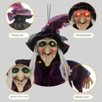 Animierte Halloween Hexe Deko | Leuchtende Augen, Gruselige Sounds & Windbewegung | Hängedeko für Garten und Haus
