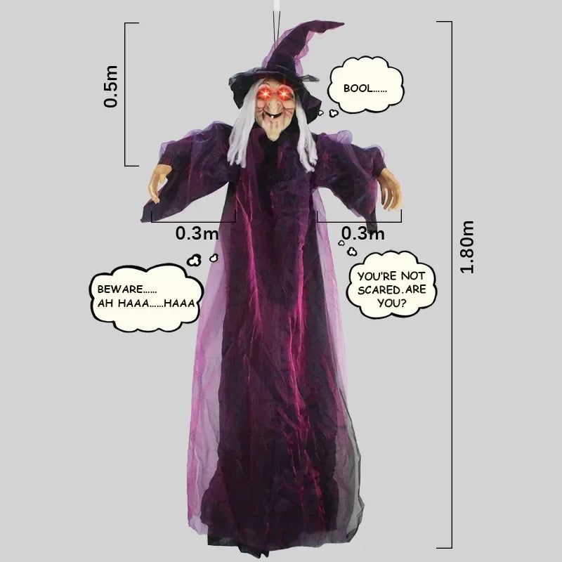 Animierte Halloween Hexe Deko | Leuchtende Augen, Gruselige Sounds & Windbewegung | Hängedeko für Garten und Haus