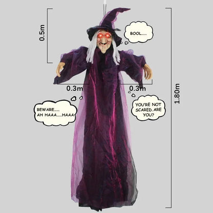 Animierte Halloween Hexe Deko | Leuchtende Augen, Gruselige Sounds & Windbewegung | Hängedeko für Garten und Haus