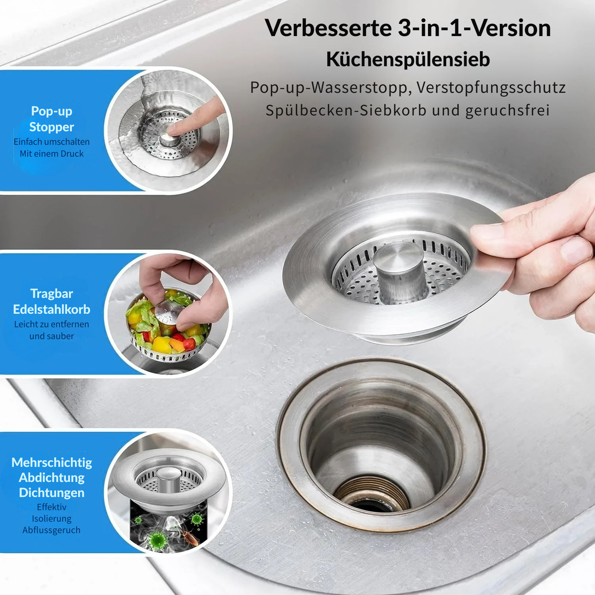 Edelstahl - 3 in 1 Abflusssieb | 1+1 GRATIS