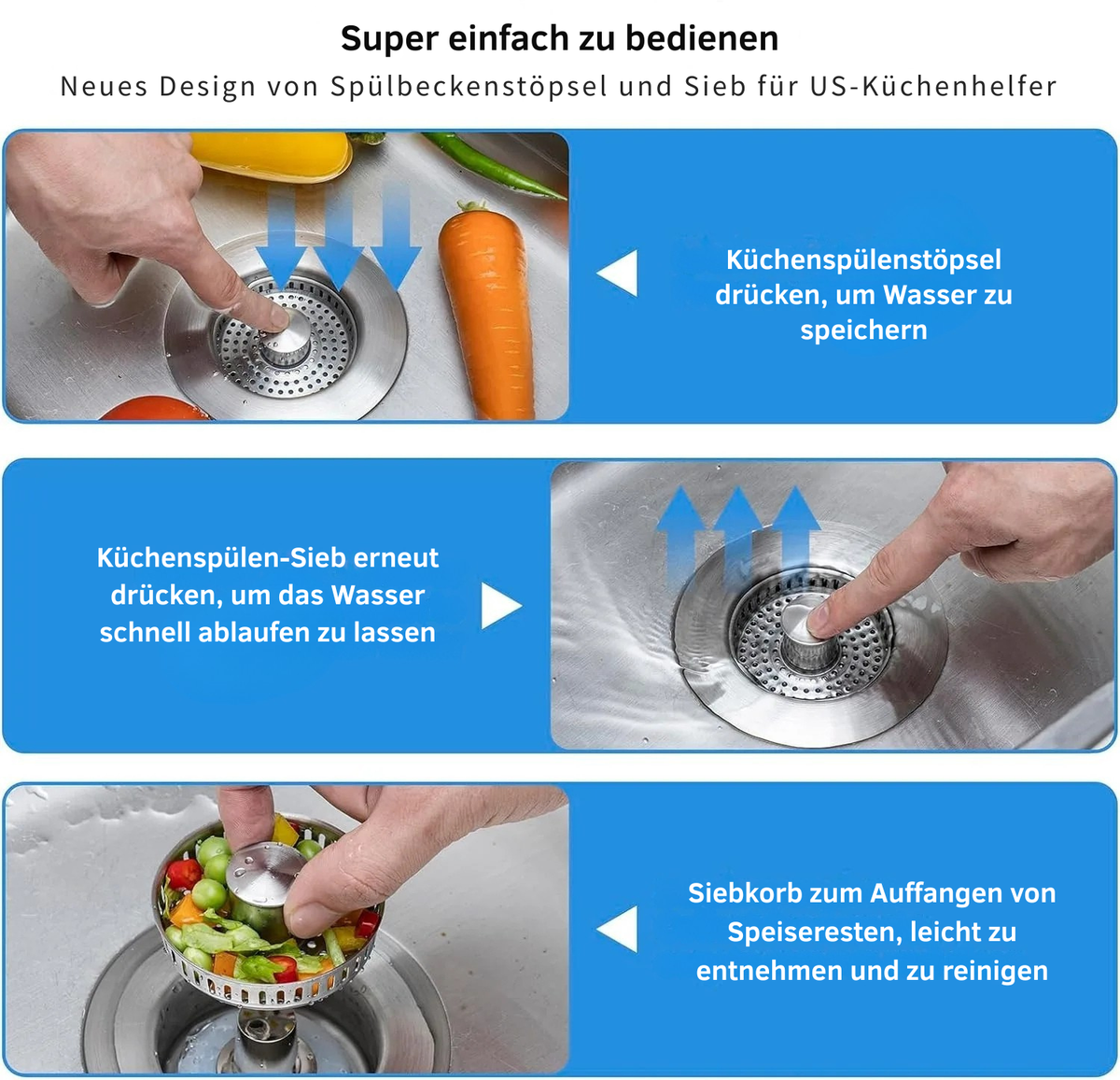 Edelstahl - 3 in 1 Abflusssieb | 1+1 GRATIS