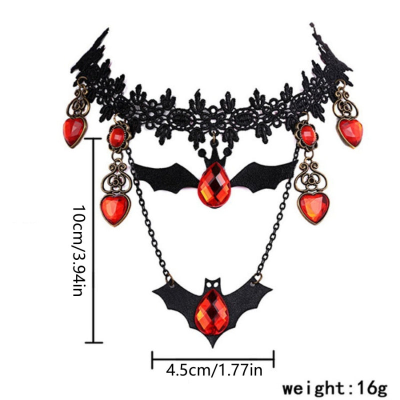 Gothic Halloween Halskette für Damen | Fledermaus Anhänger mit Rubinherz | Verstellbare Kette für Kostüm & Party
