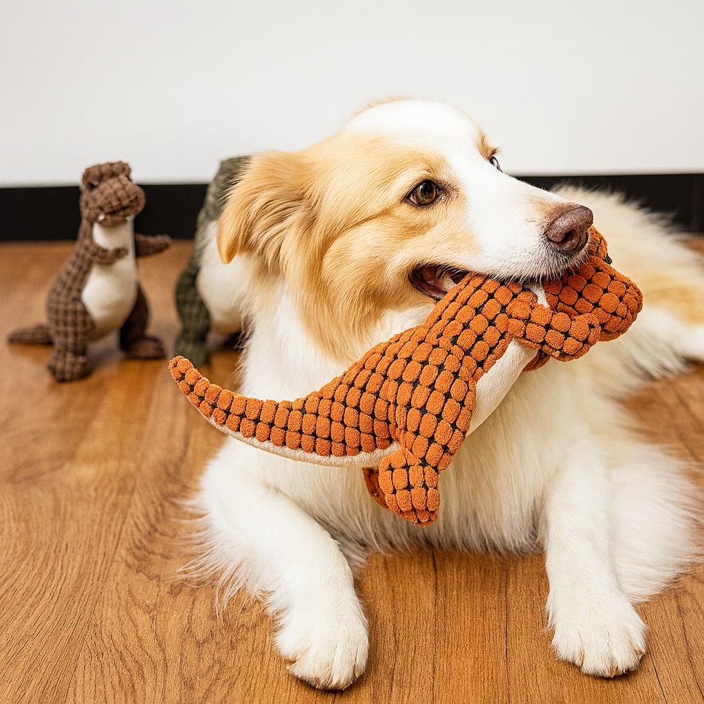 Hundespielzeug | Dino mit Quietscher | Robustes Kau- & Zerrspielzeug | PawRomp