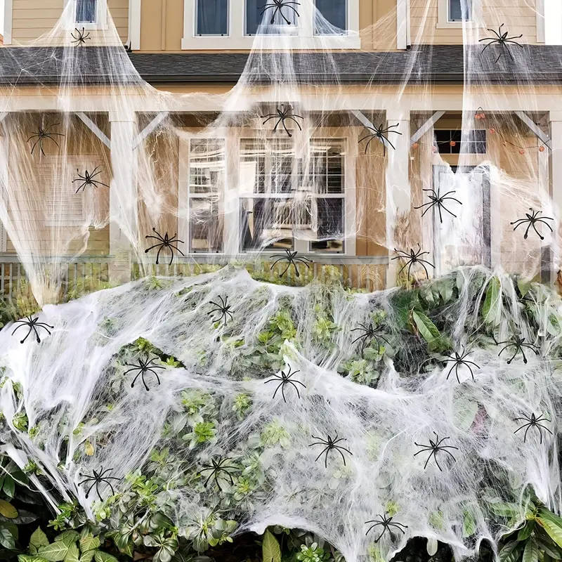 Spinnennetz Halloween Deko | 200 qm Abdeckung mit 9 Fake-Spinnen | Dehnbares Material, Innen und Außen, rückstandsfrei