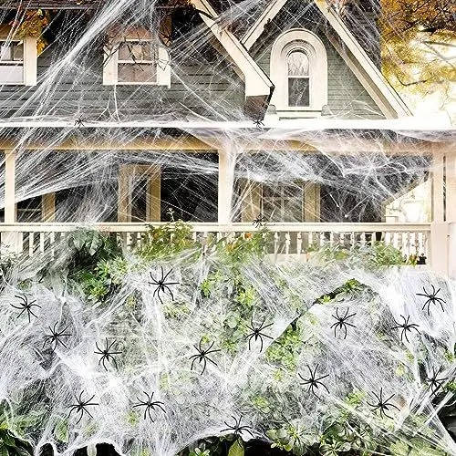Spinnennetz Halloween Deko | 200 qm Abdeckung mit 9 Fake-Spinnen | Dehnbares Material, Innen und Außen, rückstandsfrei