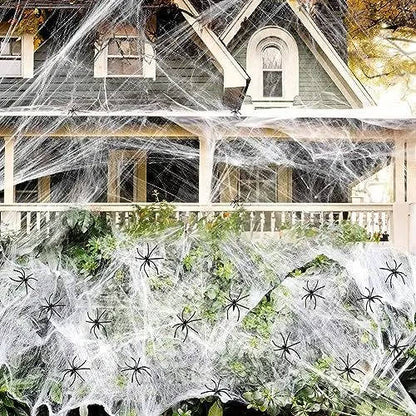 Spinnennetz Halloween Deko | 200 qm Abdeckung mit 9 Fake-Spinnen | Dehnbares Material, Innen und Außen, rückstandsfrei