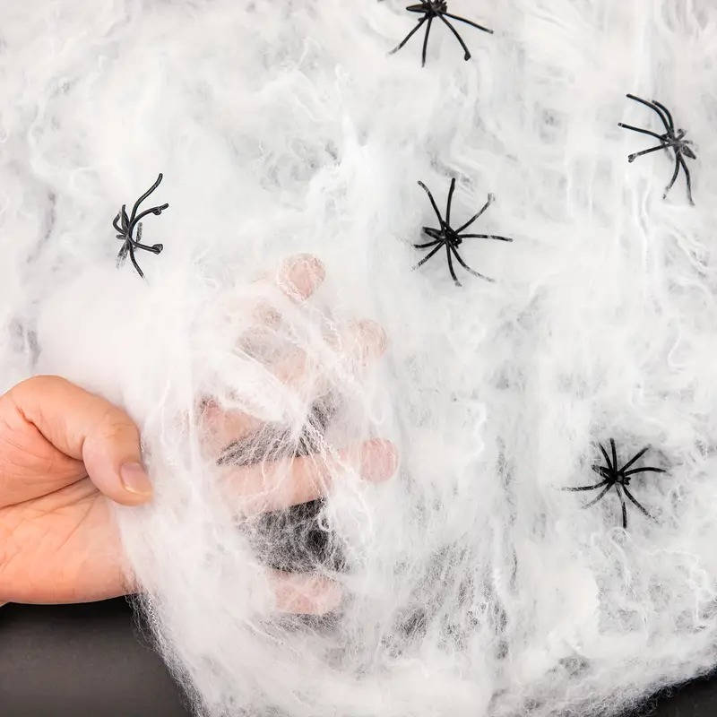 Spinnennetz Halloween Deko | 200 qm Abdeckung mit 9 Fake-Spinnen | Dehnbares Material, Innen und Außen, rückstandsfrei