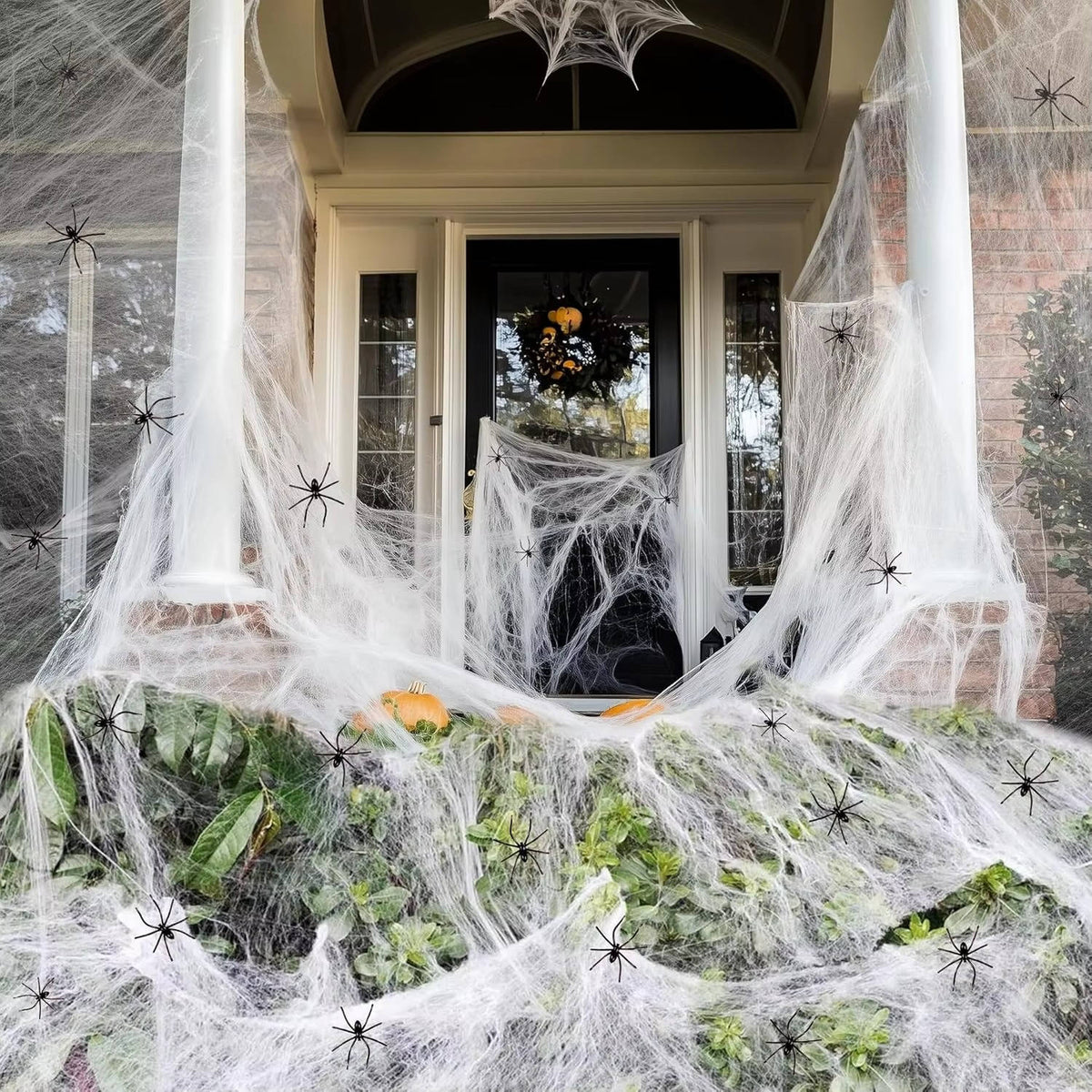 Spinnennetz Halloween Deko | 200 qm Abdeckung mit 9 Fake-Spinnen | Dehnbares Material, Innen und Außen, rückstandsfrei