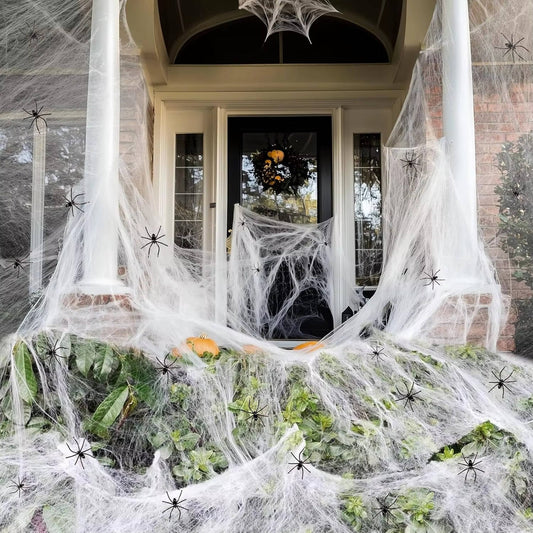 Spinnennetz Halloween Deko | 200 qm Abdeckung mit 9 Fake-Spinnen | Dehnbares Material, Innen und Außen, rückstandsfrei
