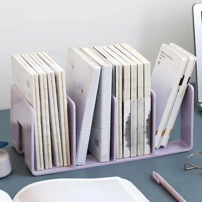 Bücher Organizer mit 4 Fächern | Horizontal oder Vertikal Aufstellbar | Ordnung für Schreibtisch, Regal und Büro 4