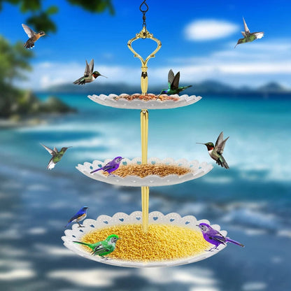 Hängende Vogelfutterstation mit Vogeltränke aus Kunststoff | 3 Ebenen für Futter und Wasser | Wetterfest für Garten und Balkon