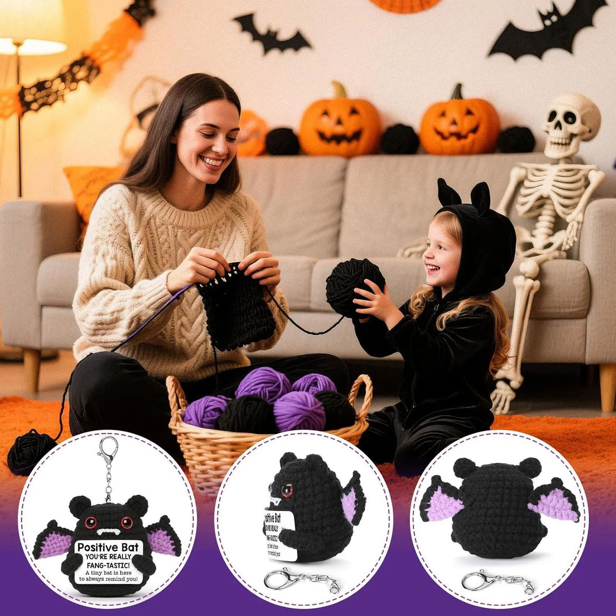 Gehäkelte Fledermaus Deko Halloween | Mit Mutmach-Karte für Aufmunterung | Handgefertigte Optik für Schreibtisch & Regal